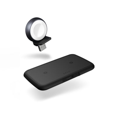 Black Zens 3 in 1 wireless charger with detachable Apple Watch charging module on a white background