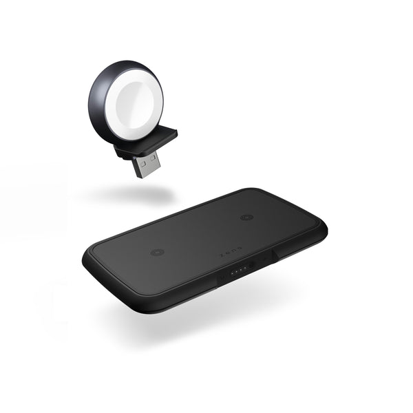 Black Zens 3 in 1 wireless charger with detachable Apple Watch charging module on a white background