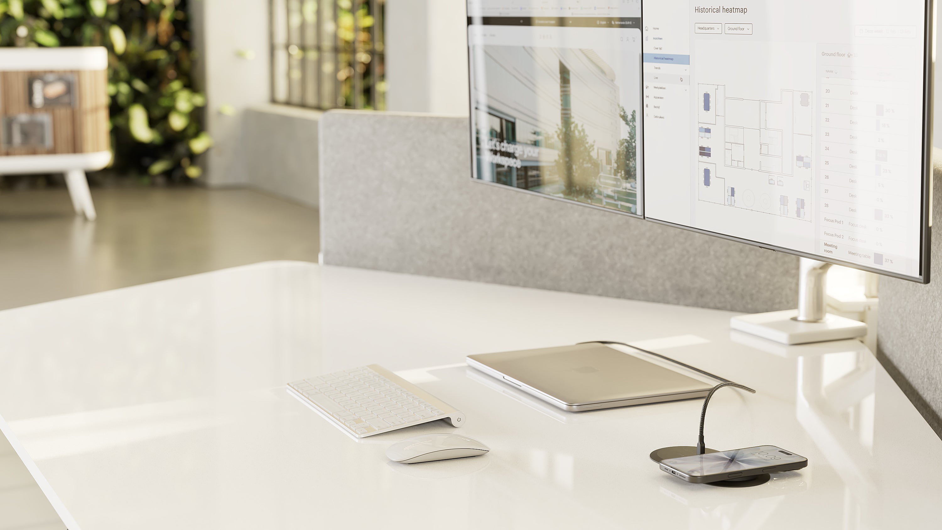 Built in wireless charger integrated into a workplace desk.