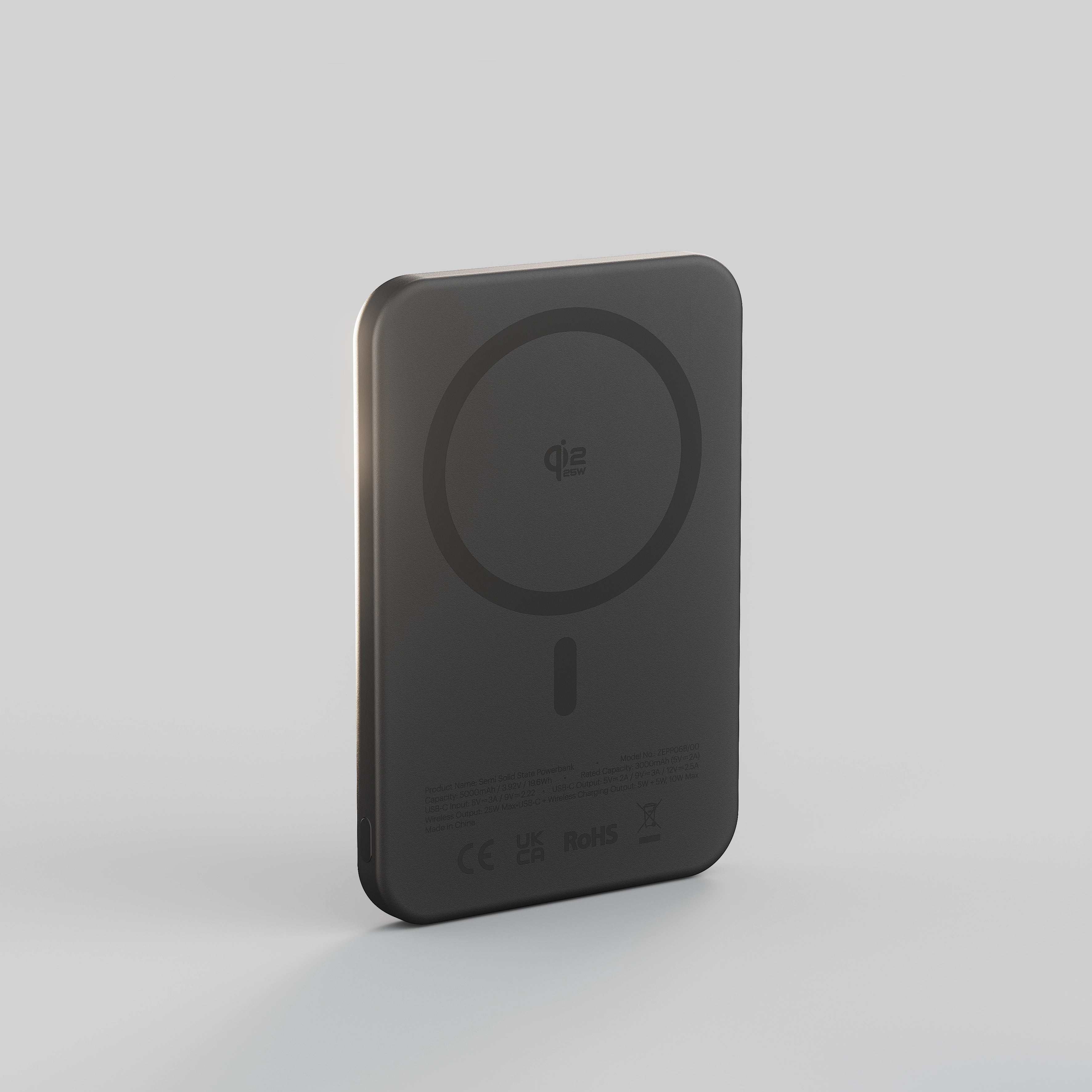 Back of black Zens magnetic wireless charger powerbank on a white background