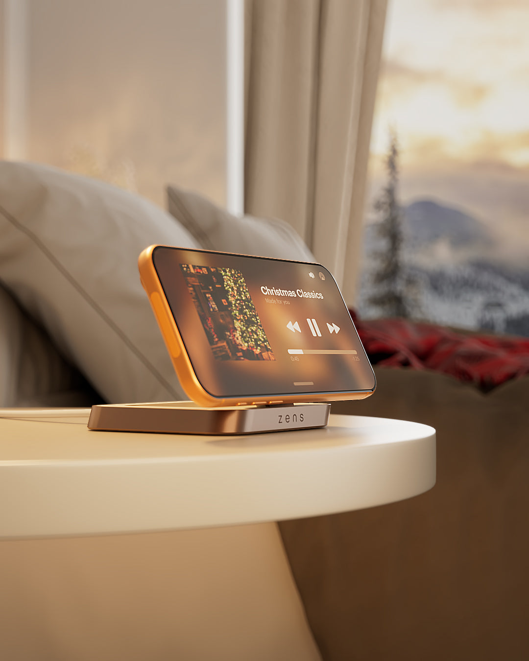 Magnetic nightstand charger wirelessly charging a smartphone displaying Christmas music on a nightstand next to a bed.
