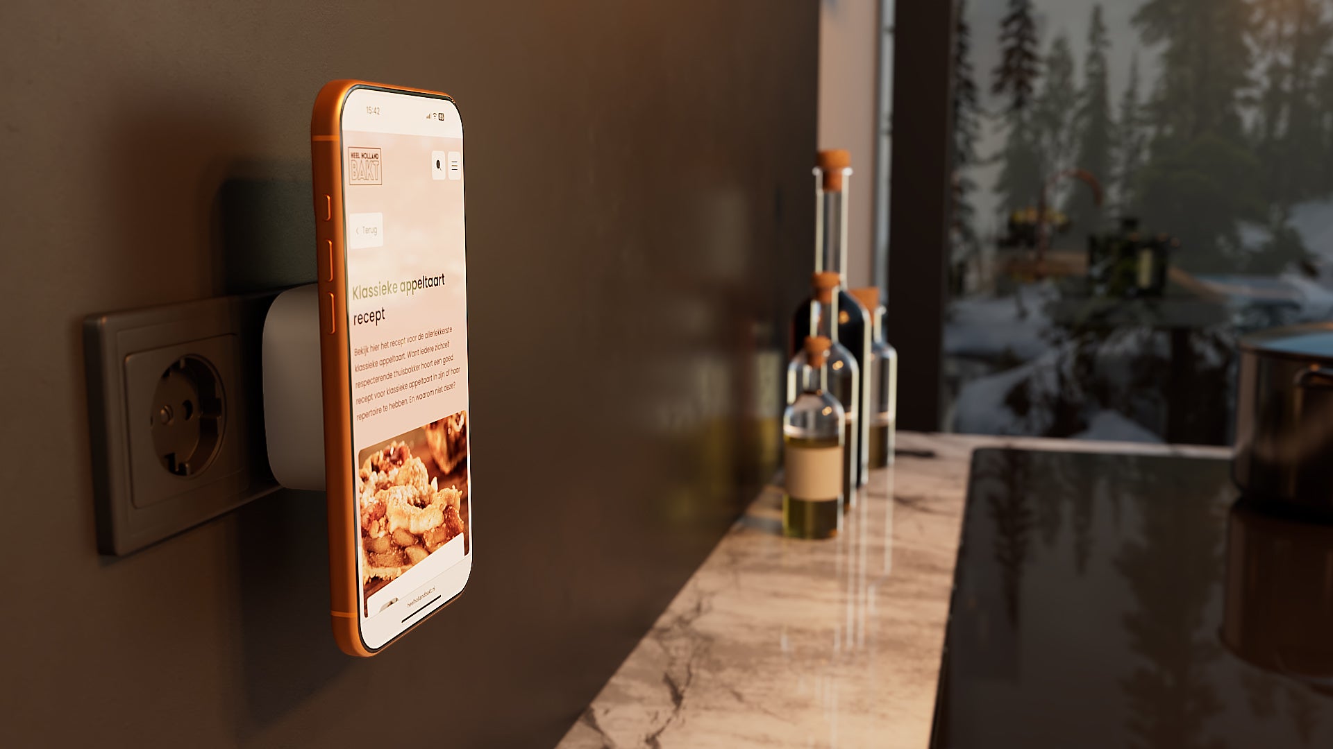 Zens Wireless Charging Adapter wirelessly and magnetically charging a smartphone displaying a recipe in a kitchen lifestyle setting.