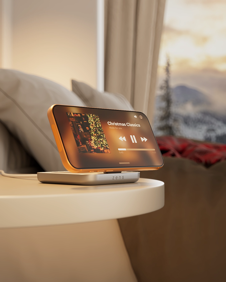 Magnetic nightstand charger wirelessly charging a smartphone displaying Christmas music on a nightstand next to a bed.