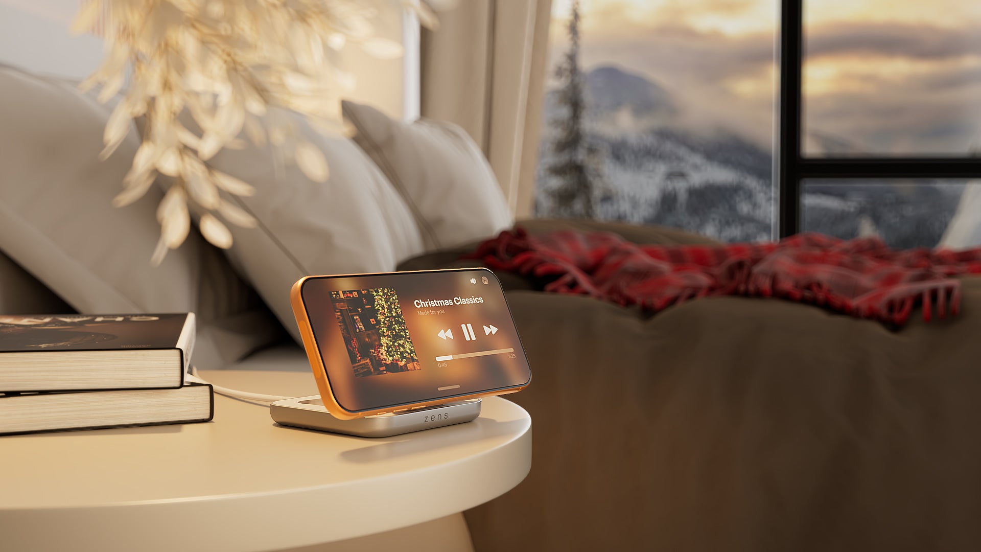 Zens Magnetic Nightstand Charger wirelessly and magnetically charging a smartphone displaying Christmas music on a nightstand next to a bed.