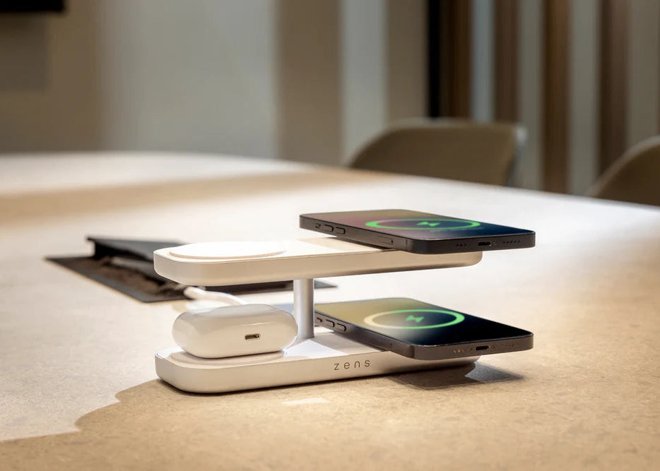 Zens 4 in 1 wireless charger for electric devices in a meeting room