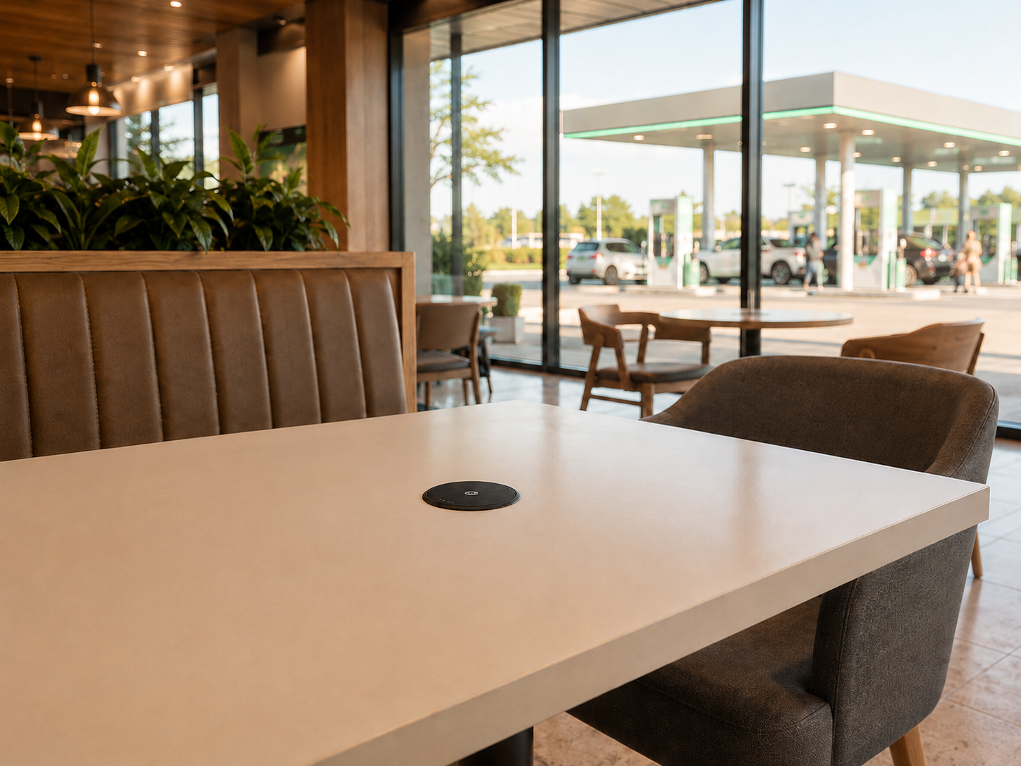 Built in wireless charger integrated into a table at a gas station charging a smartphone.