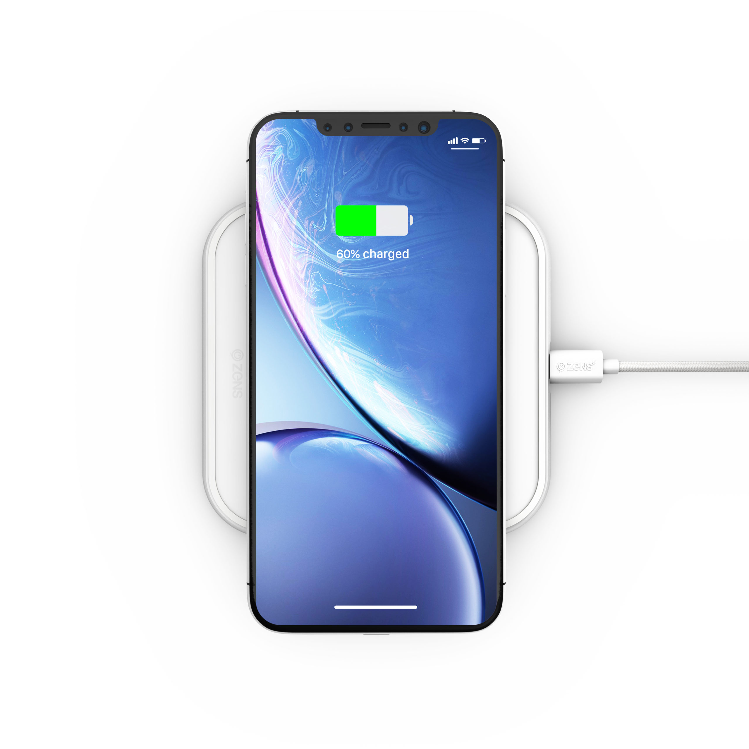ZESC11W-ZENS-Single-Aluminium-Wireless-Charger-White-with-iPhone-Xr-scaled