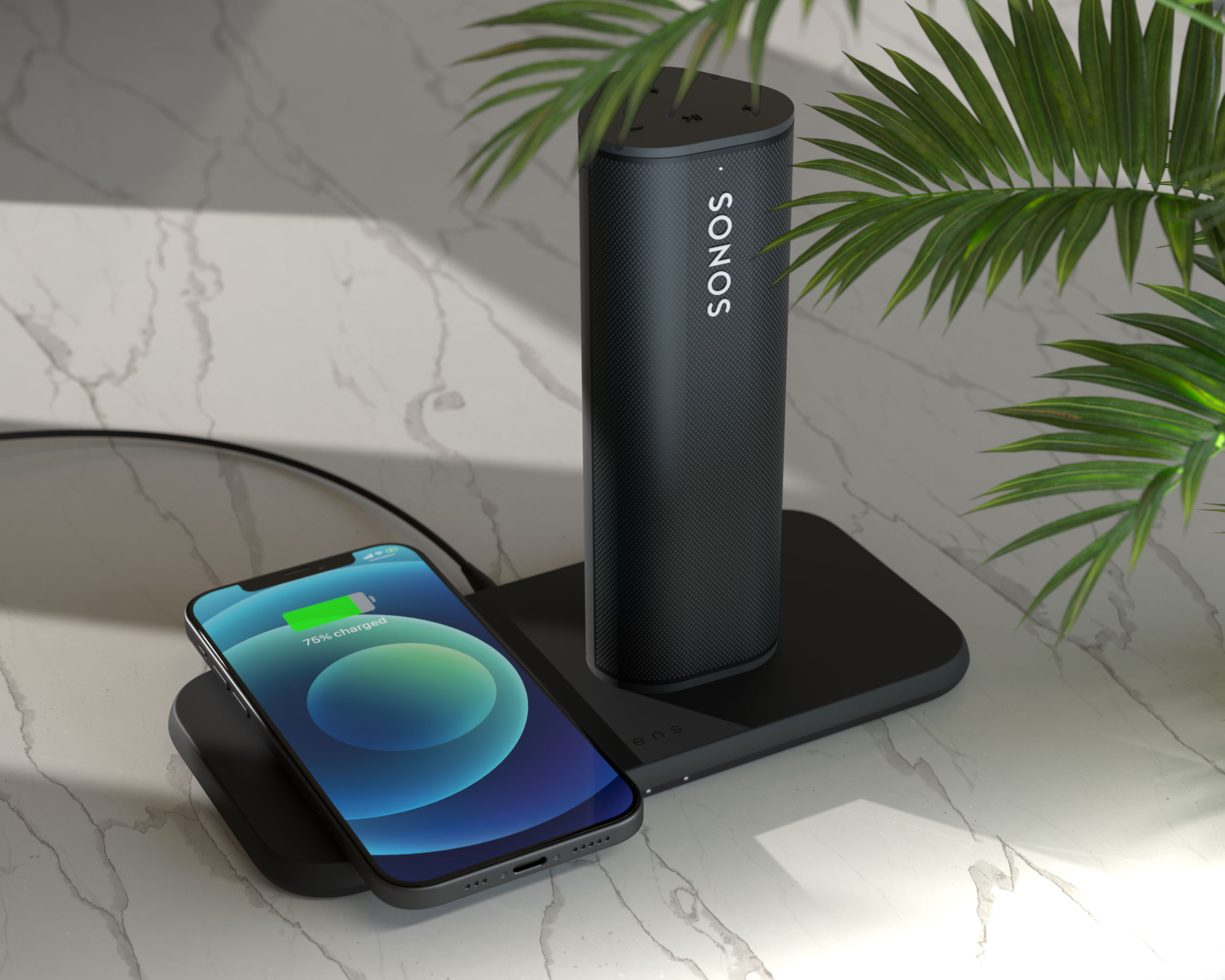 ZEDC12B - Zens Dual Wireless Charger Lifestyle with Sonos Speaker