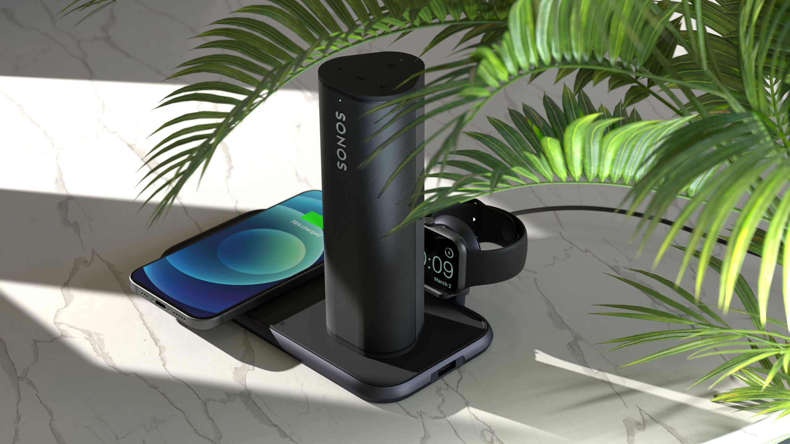 ZEDC14B - Zens 4-in-1 Wireless Charger Lifestyle with Sonos Speaker