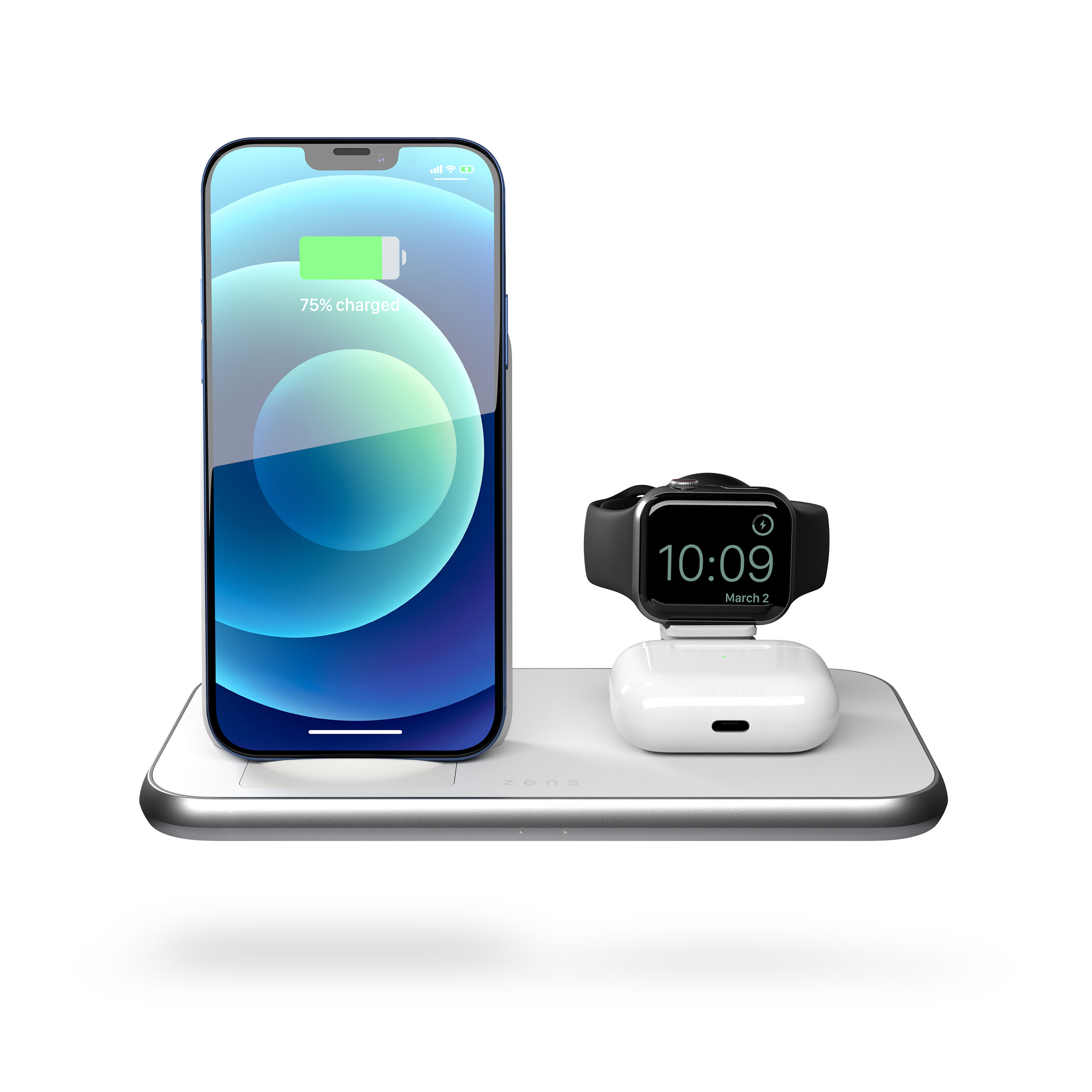 ZEDC15W - 4 in 1 Stand+Watch Wireless Charger Aluminium Front View with devices