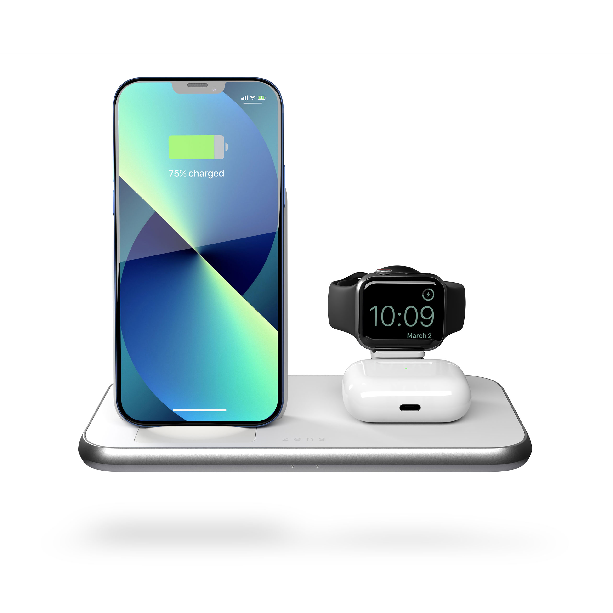 ZEDC15W - 4 in 1 Stand+Watch Wireless Charger Aluminium Front View with iPhone 13