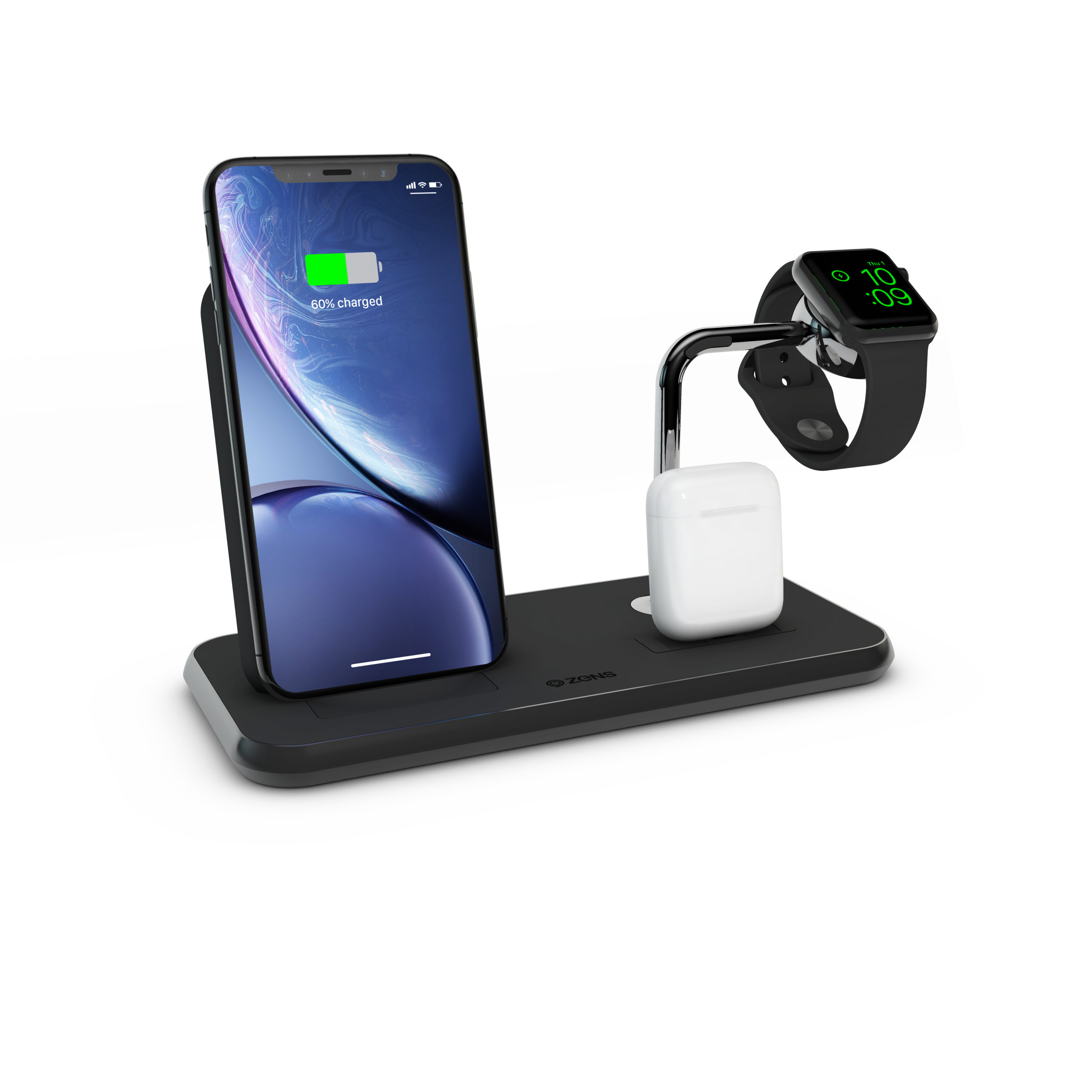 ZEDC07B StandDockWatch Aluminium Wireless Charger Black with Apple Watch iPhone and AirPods