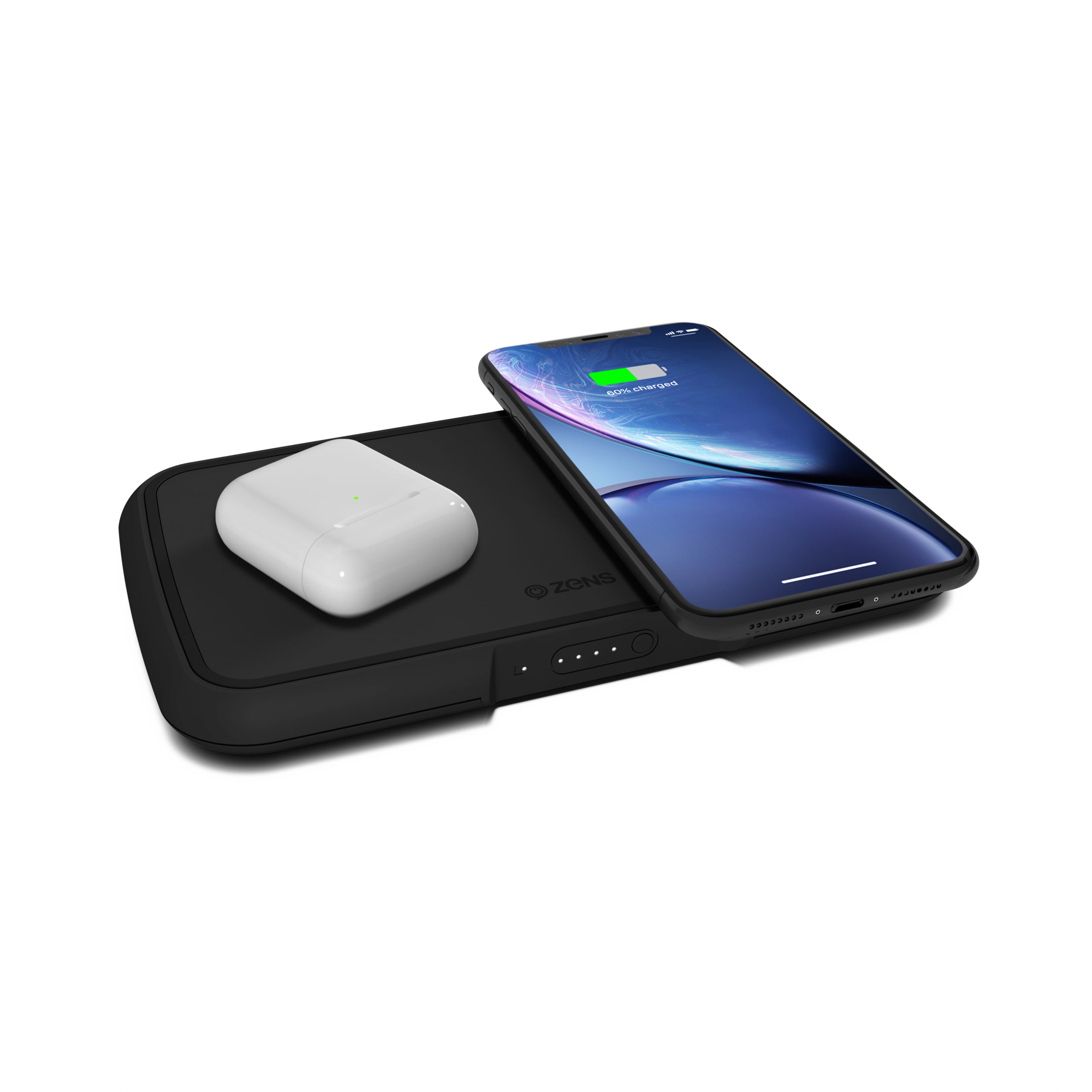 ZENS Dual Wireless Powerbank with Apple AirPods and iPhone Xr scaled