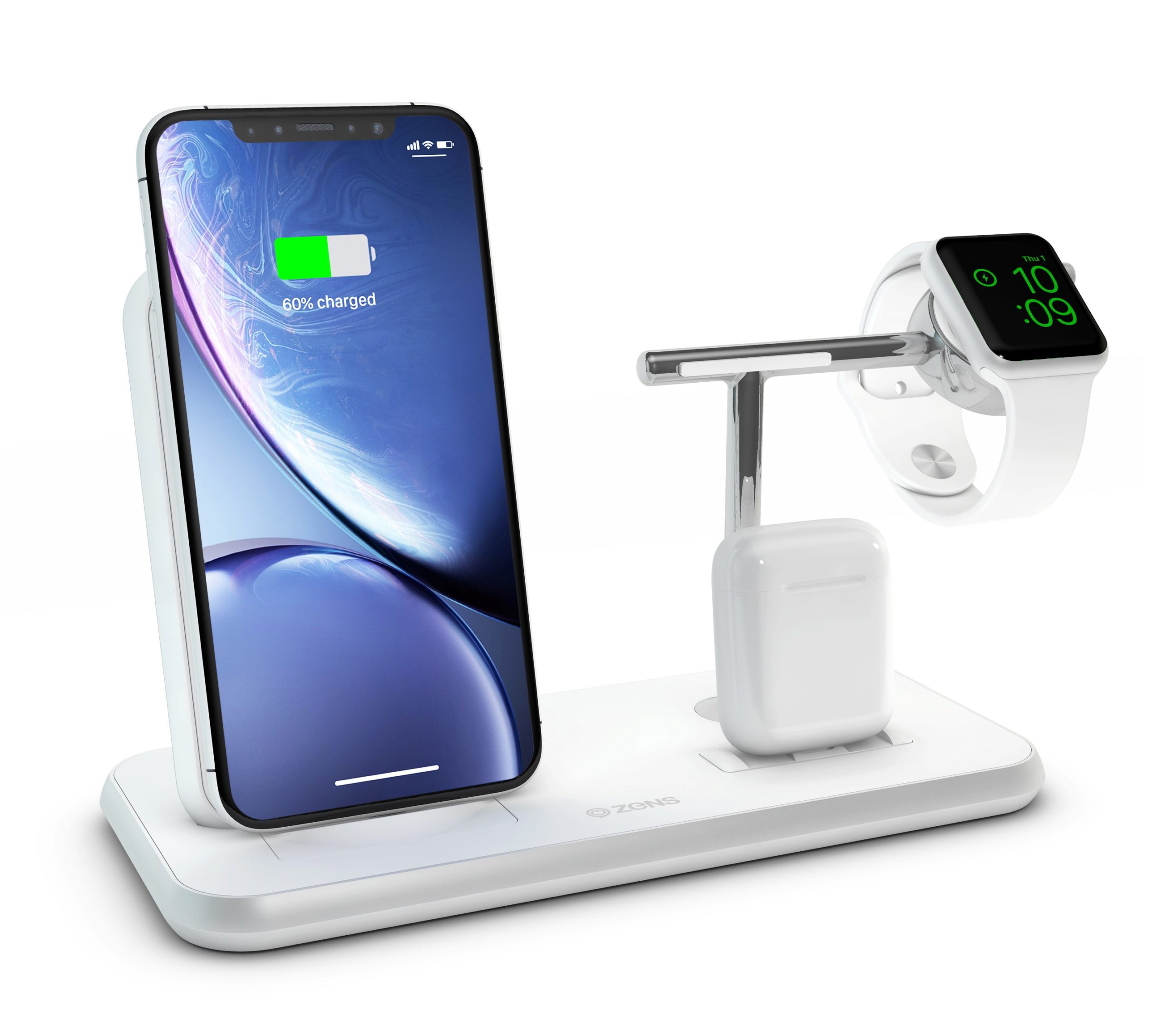 ZEDC07W - ZENS Stand+Dock+Watch Aluminium Wireless Charger White with Apple Watch, iPhone and AirPods