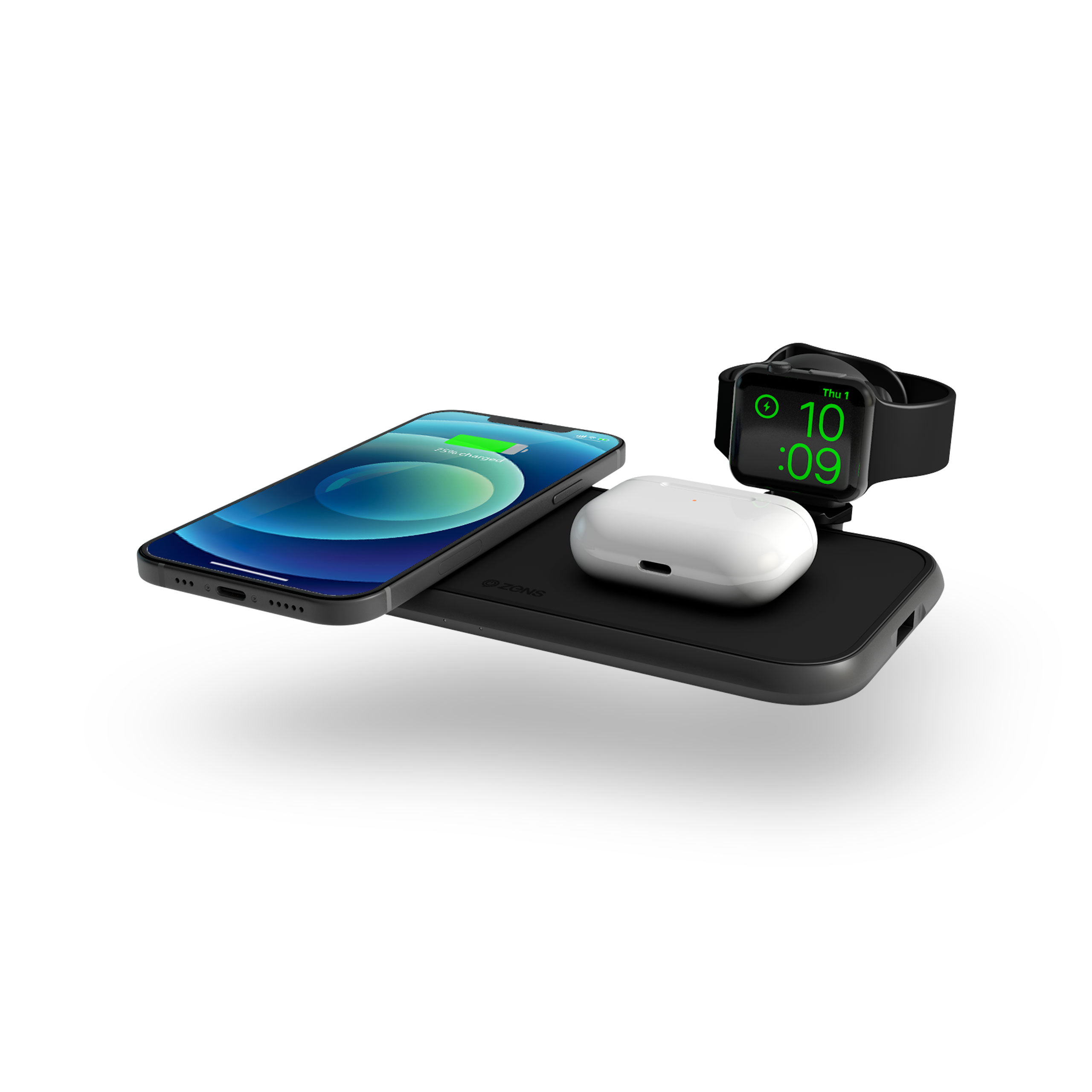 ZEDC14B - Zens 4-in-1 Wireless Charger Aluminium Top Side View with devices