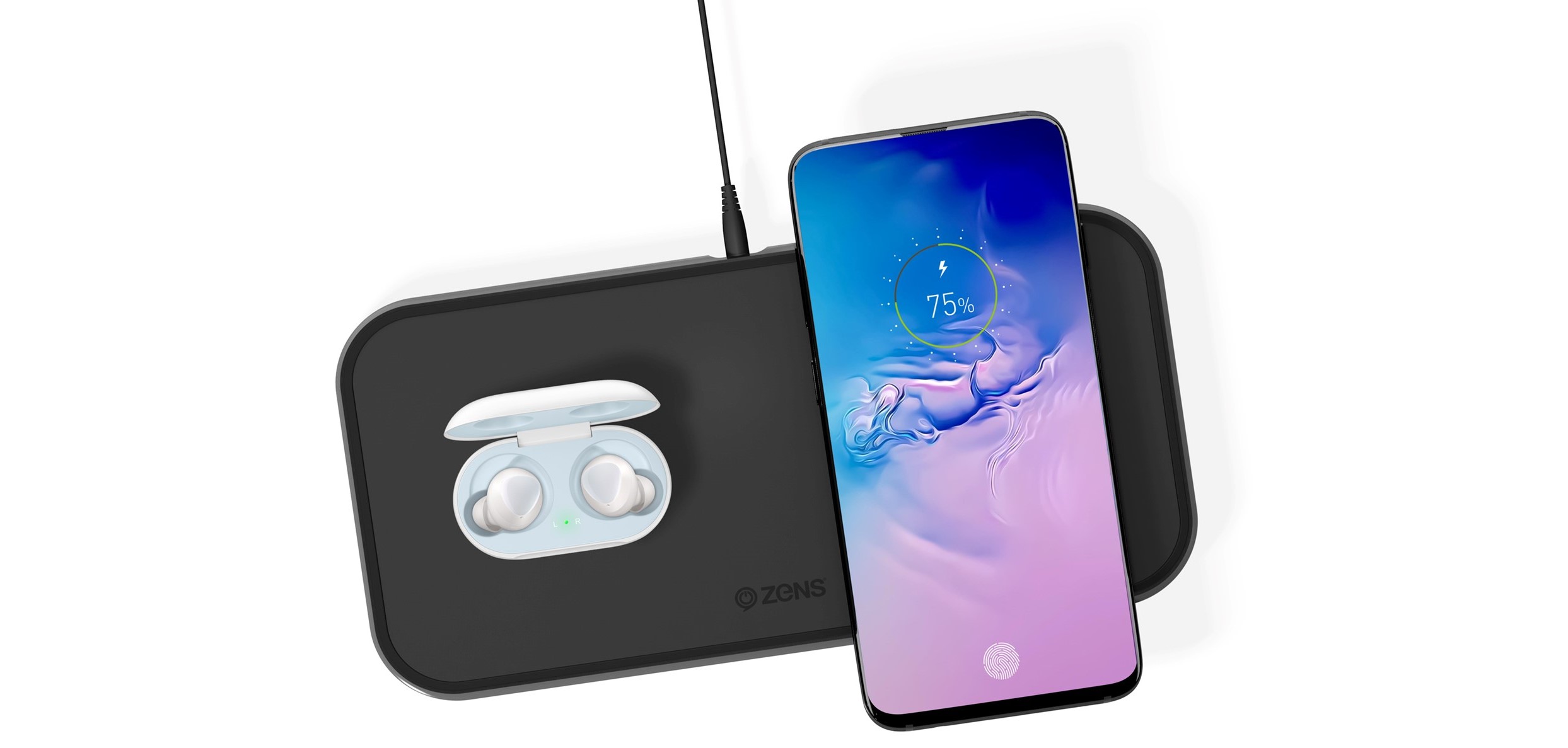 ZENS Dual Aluminium Wireless Charger while charging Samsung Galaxy S10 and Galaxy Buds