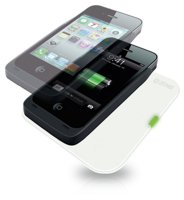 ZENS iPhone 4 / 4S Wireless Charging Case on a ZENS Single Wireless Charger White