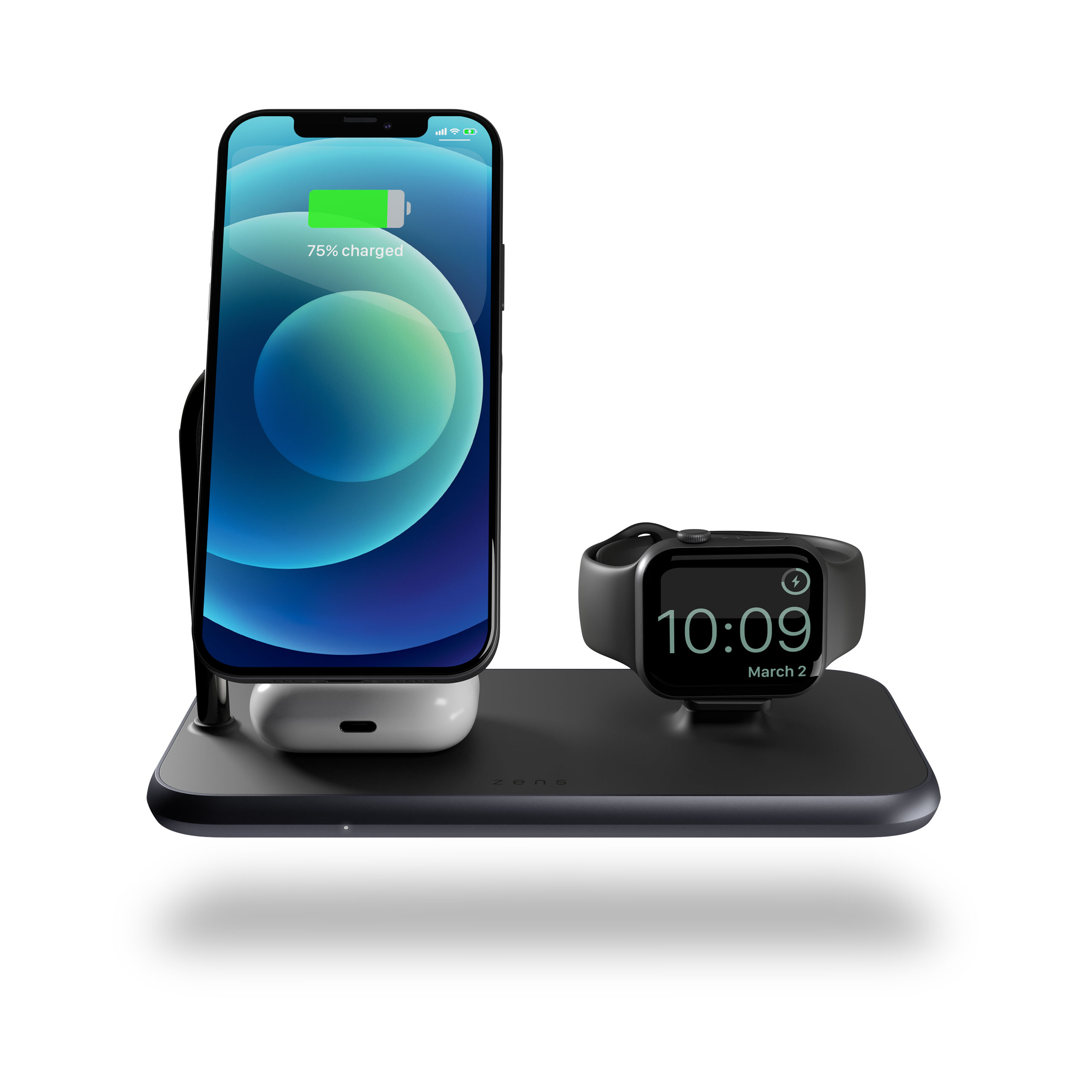Magnetic + Watch Wireless Charger front view with devices