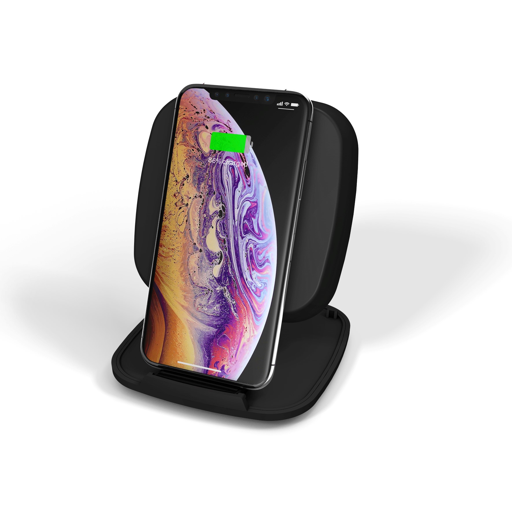 ZESC06B - Zens Fast Wireless Charger Stand Black while charging iPhone XS