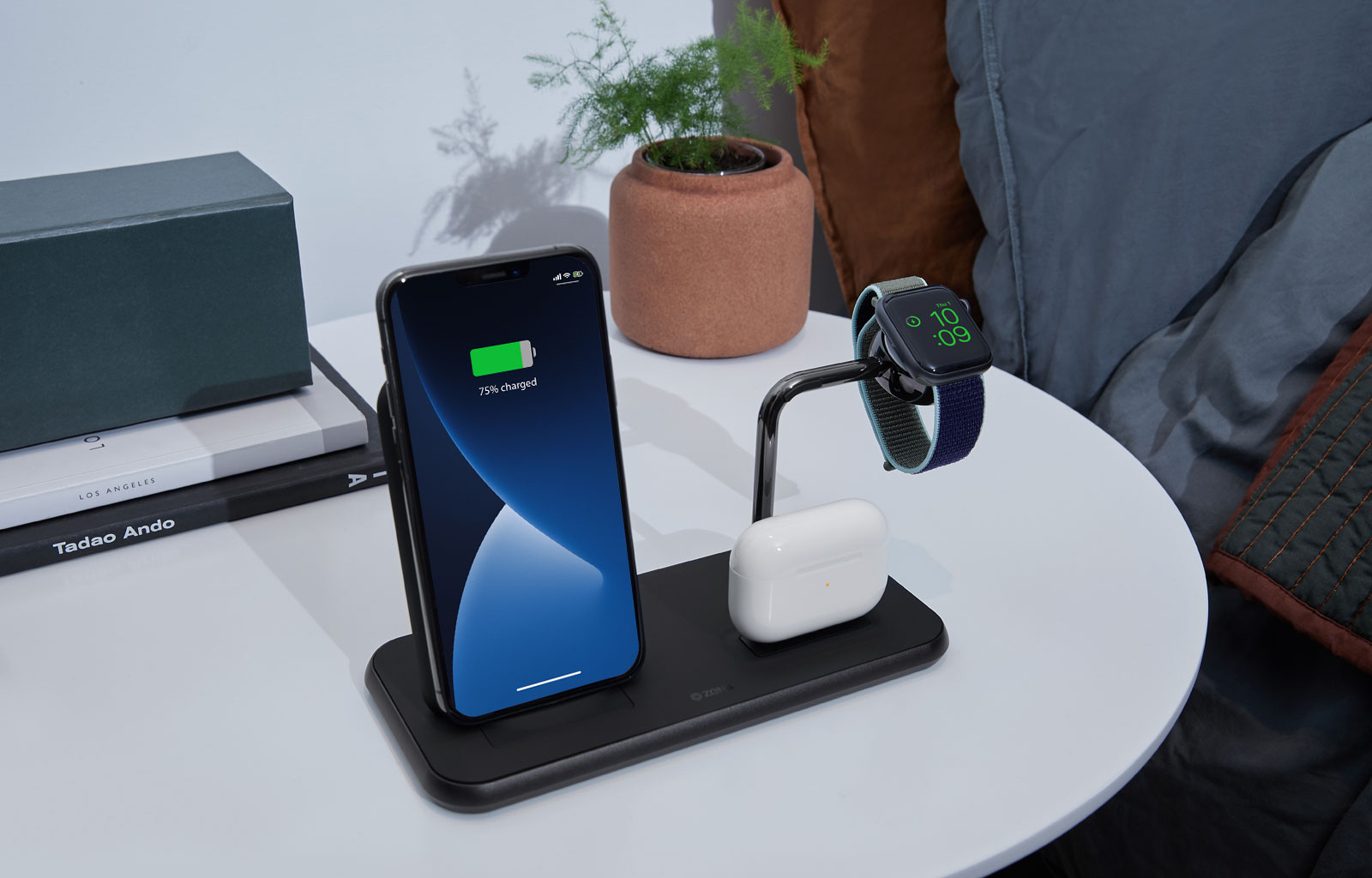 Wireless charger on bedside table