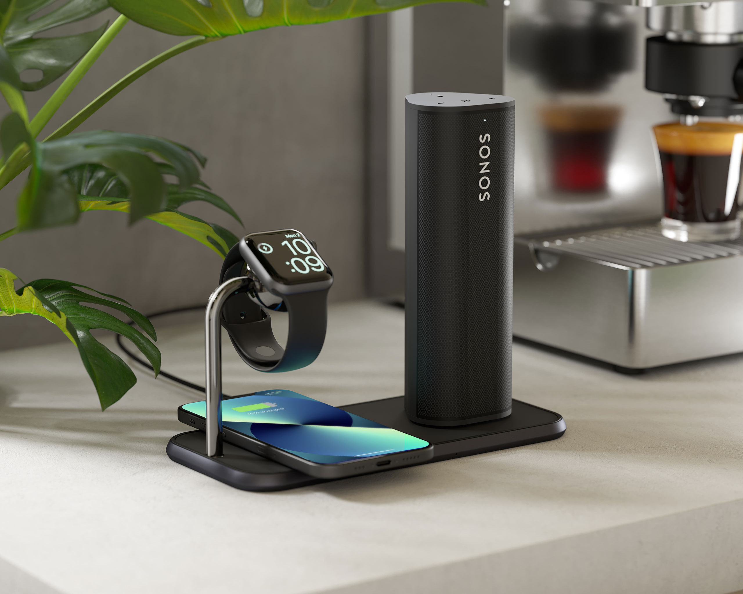 ZEDC05B - Zens Dual+Watch Aluminium Wireless Charger with Sonos Speaker and iPhone 13 Lifestyle