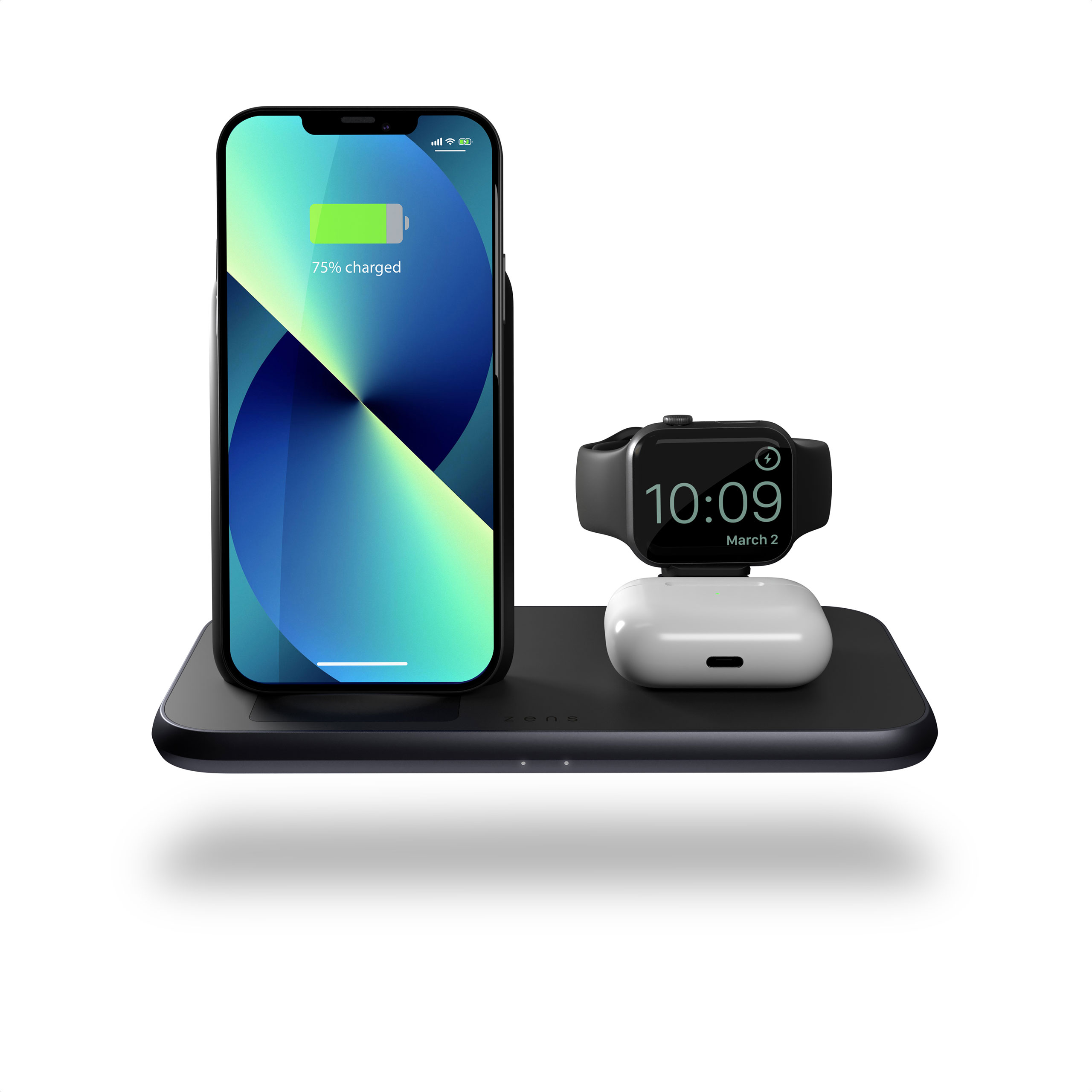 ZEDC15B - 4 in 1 Stand+Watch Wireless Charger Aluminium Front View with iPhone 13